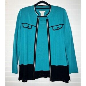 Exclusively Misook Cardigan TealW/Black/white Trim Open Front Twin Set Medium